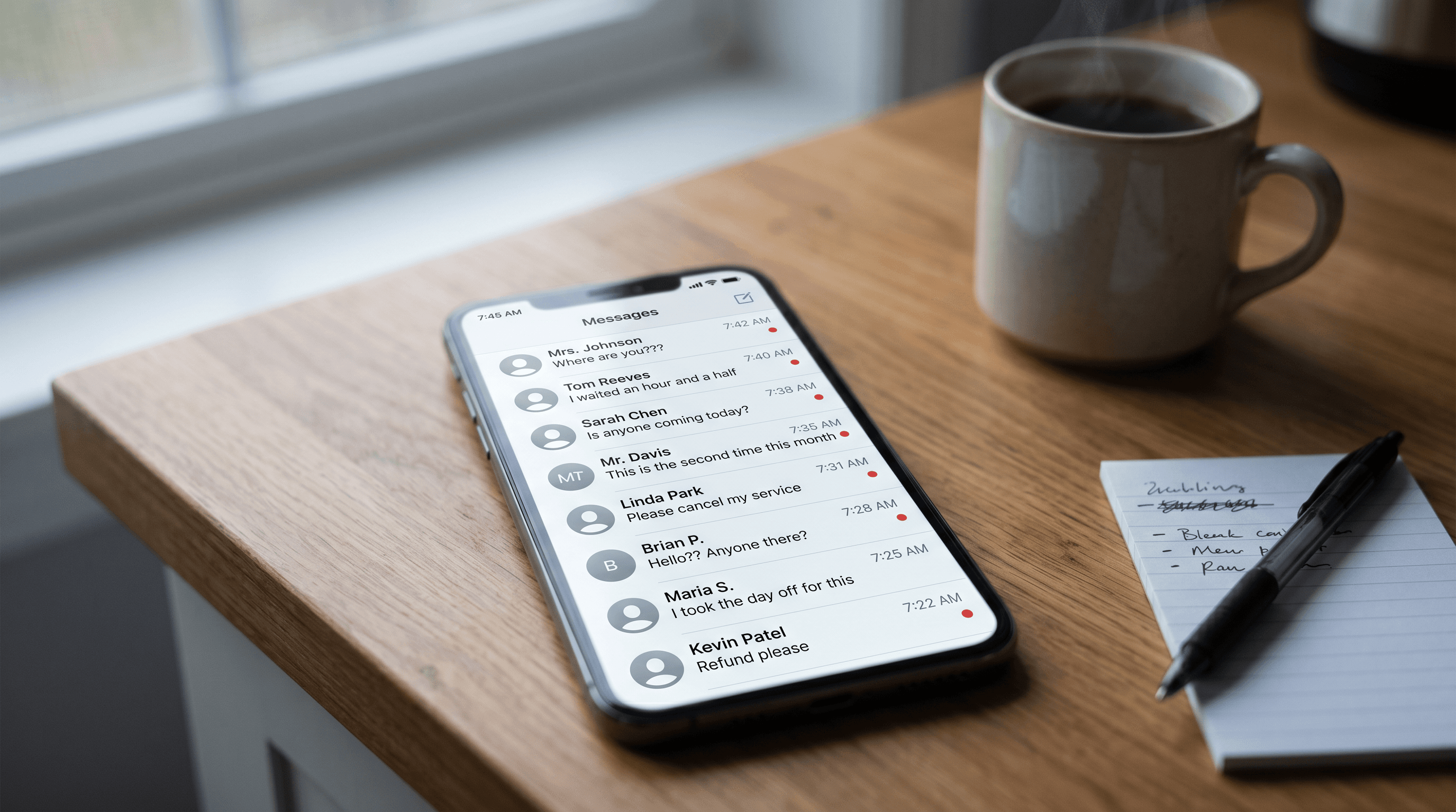 A smartphone on a kitchen counter showing a messaging app filled with stacked angry customer texts — 'Where are you???', 'I waited an hour and a half', 'Is anyone coming today?', 'Please cancel my service', 'I took the day off for this', 'Refund please'