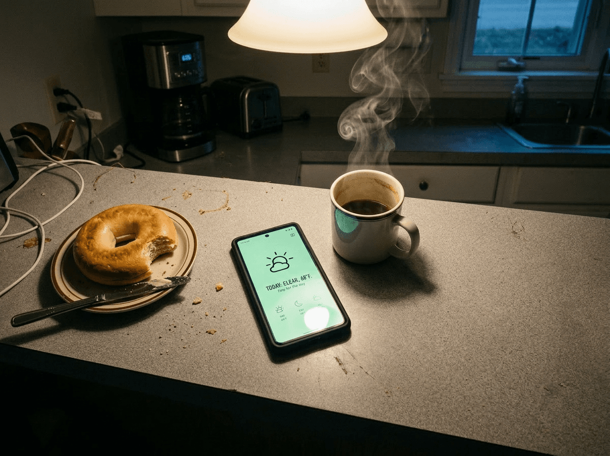 Same kitchen counter with the notepad gone, phone showing a clean weather status app with a green glow, and coffee steaming
