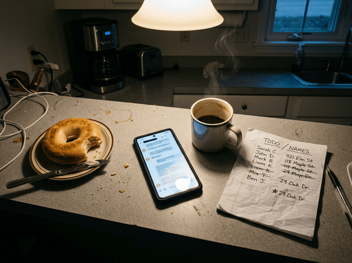 Kitchen counter at 6:05 AM with phone showing messages, a notepad of handwritten customer names, a half-eaten bagel, and a coffee mug