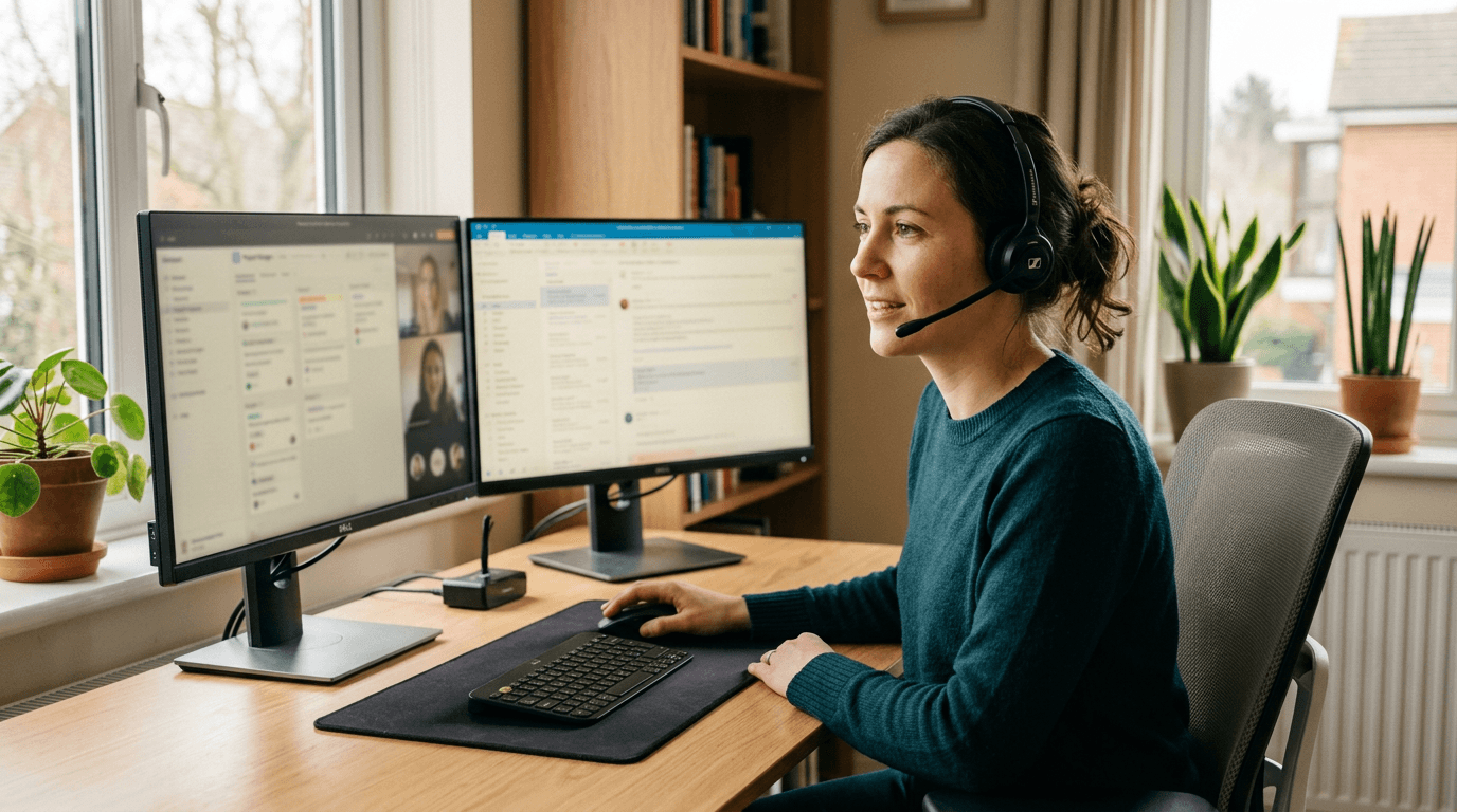 Virtual assistant at a clean home office desk with headset and dual monitors, natural window light